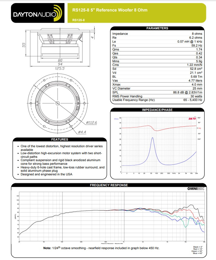Dayton Audio RS125-8 högtalarelement mellanregister/baselement