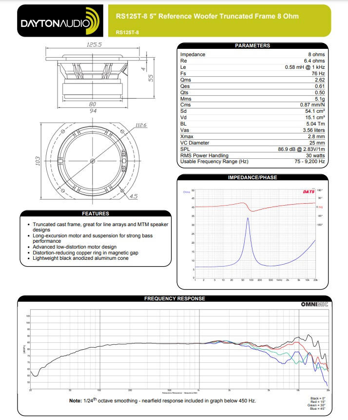 Dayton Audio RS125T-8 högtalarelement mellanregister/baselement