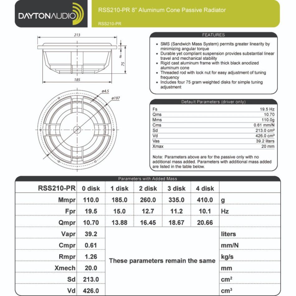 Dayton Audio RSS210-PR högtalarelement slavbas i aluminium