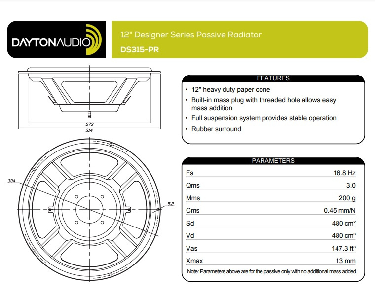 Dayton Audio DS315-PR högtalarelement passiv radiator