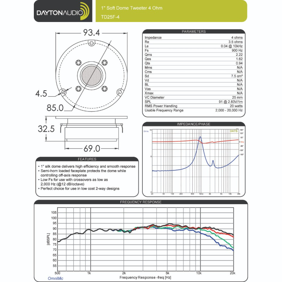 Dayton Audio TD25F-4 högtalarelement diskant 4 Ohm