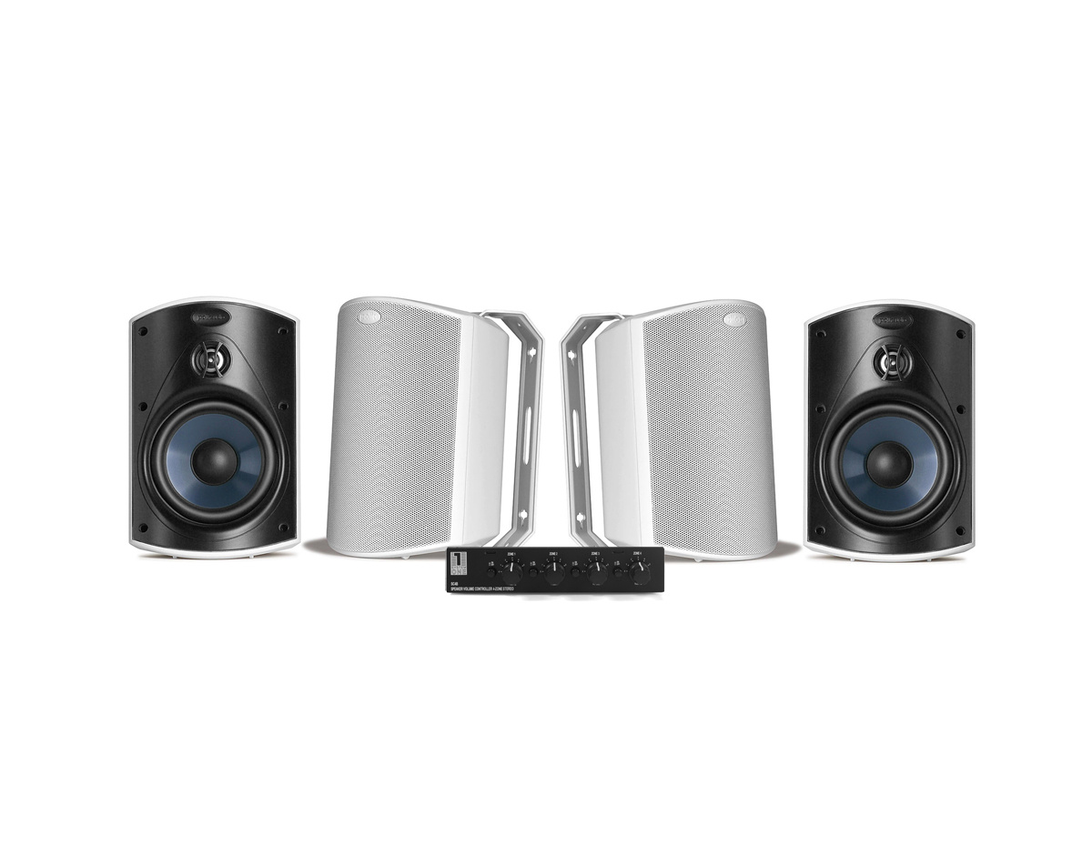 System One SC4B högtalarväxel & 2 par Polk Audio Atrium 4 Vita Utomhushögtalare