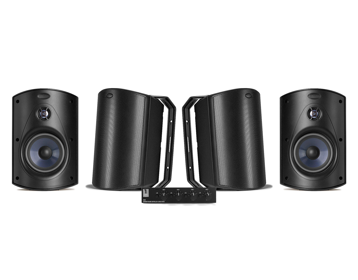 System One SC4B högtalarväxel & 2 par Polk Audio Atrium 6 Svarta Utomhushögtalare