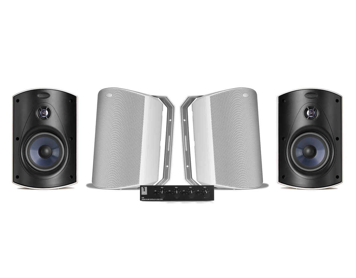 System One SC4B högtalarväxel & 2 par Polk Audio Atrium 6 Vita Utomhushögtalare