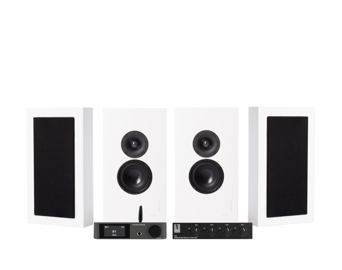 Dynavoice CA802BT med SC4B & 2 par DLS Flatbox Midi Vita Vägghögtalare