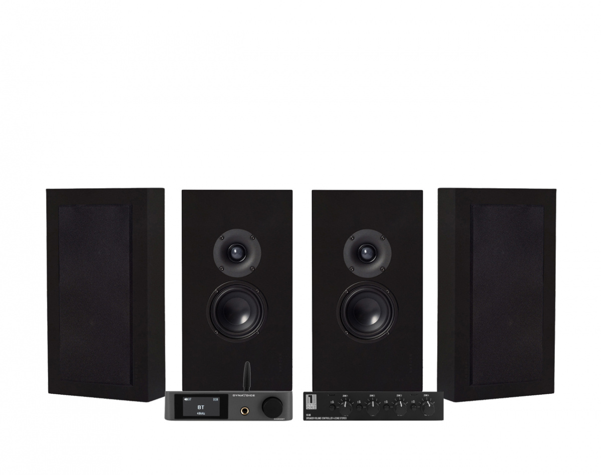Dynavoice CA802BT med SC4B & 2 par DLS Flatbox Midi Svarta Vägghögtalare
