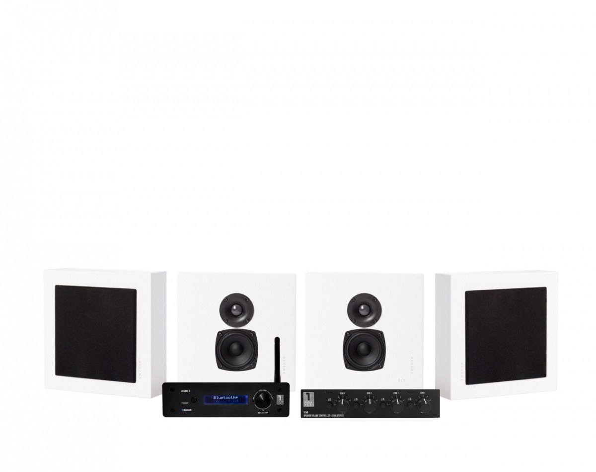 System One A50BT med SC4B & 2 par DLS Flatbox Mini Vita Vägghögtalare