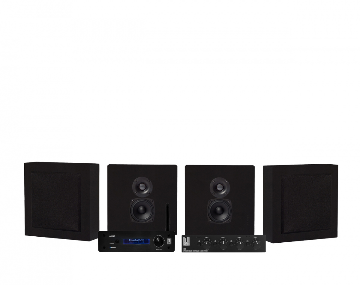 System One A50BT med SC4B & 2 par DLS Flatbox Mini Svarta Vägghögtalare