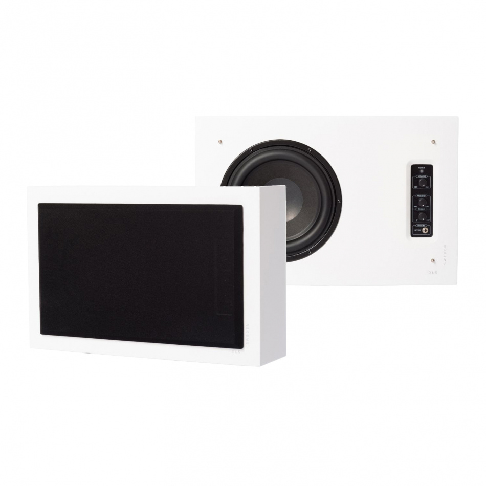 DLS Flatsub 8.2 väggmonteringsbar aktiv subwoofer, mattvitt 2-PACK