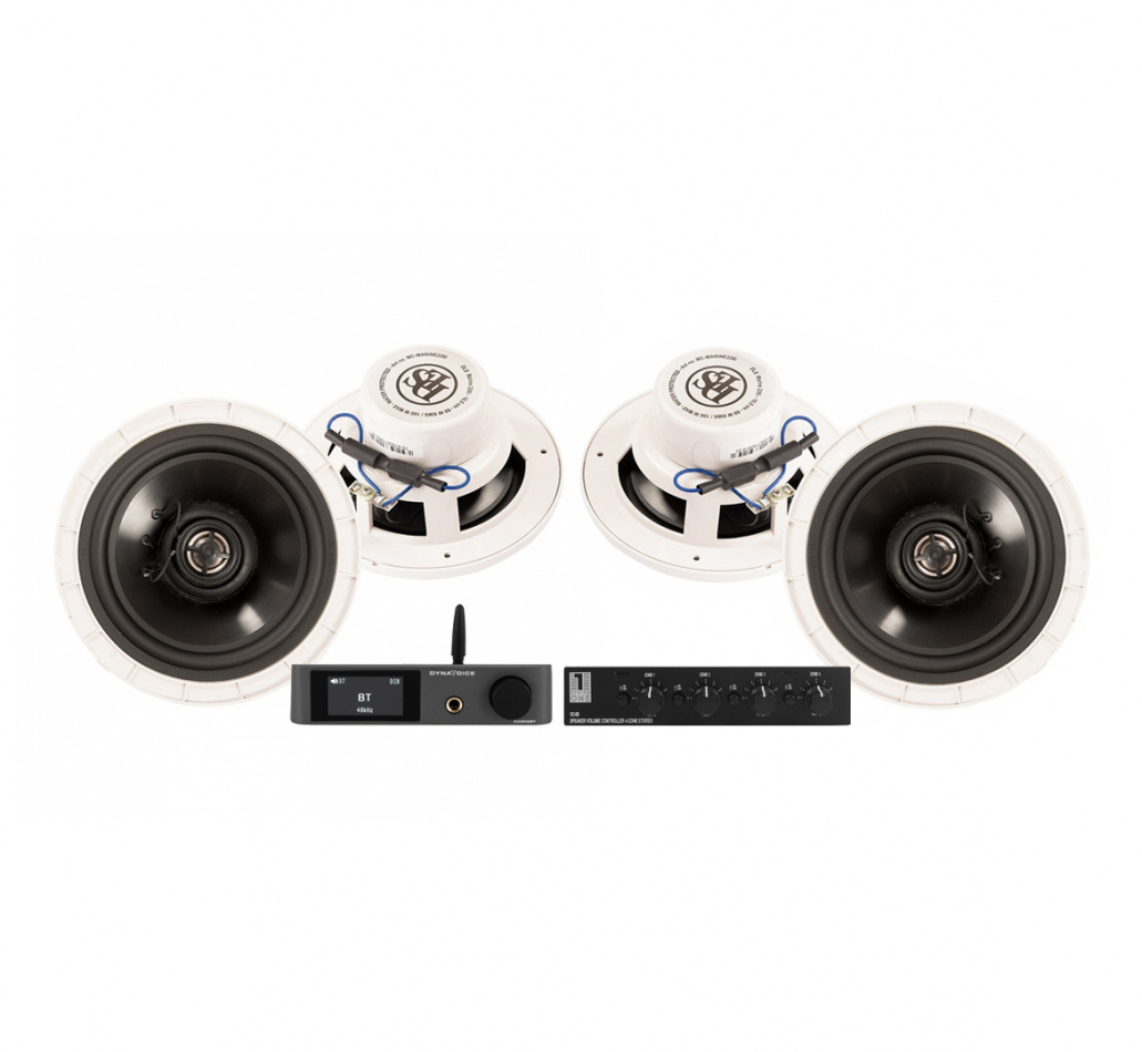 Dynavoice CA802BT med SC4B & 2 par DLS Marine 226i inbyggnadshögtalare