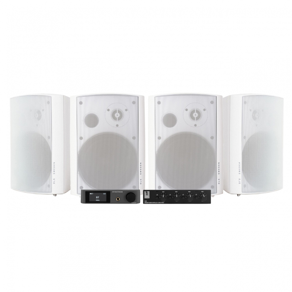 Dynavoice CA802BT med SC4B & 2 par DLS MB6i Vita Utomhushögtalare