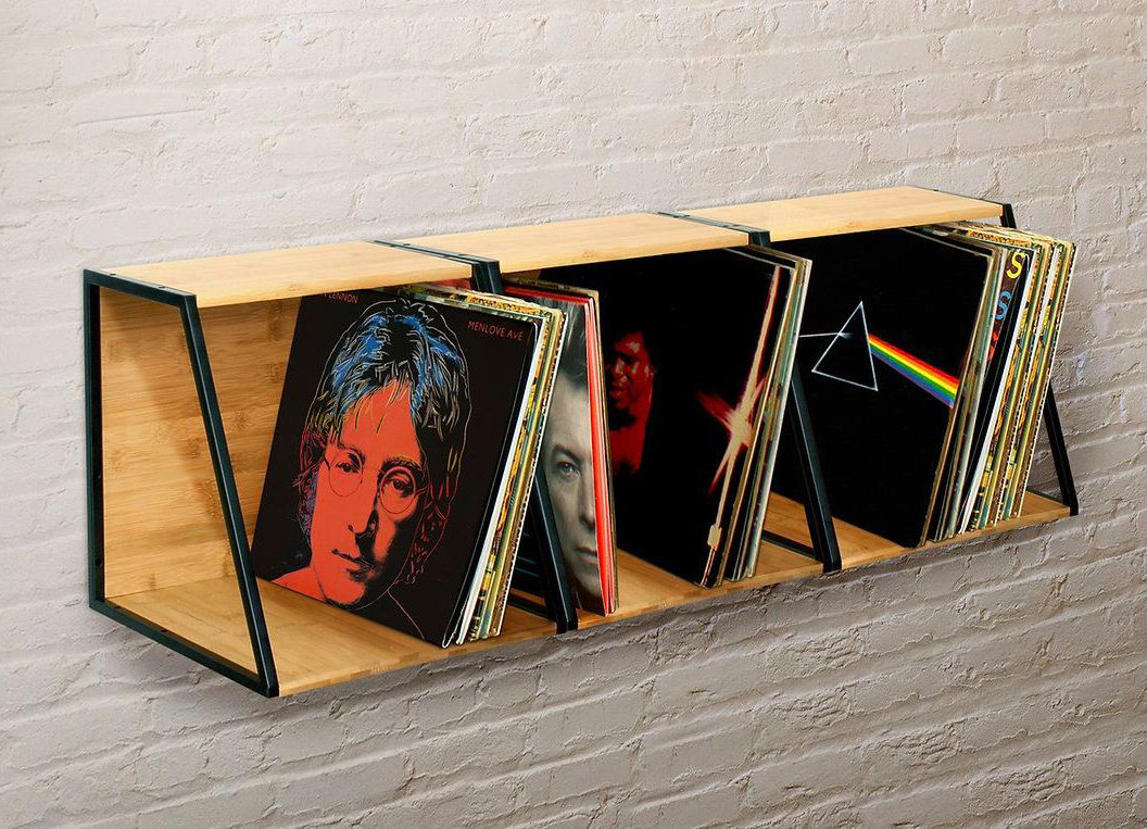 NorStone Vinyl LP Case, förvaring av vinylskivor bambu/svart 3-PACK