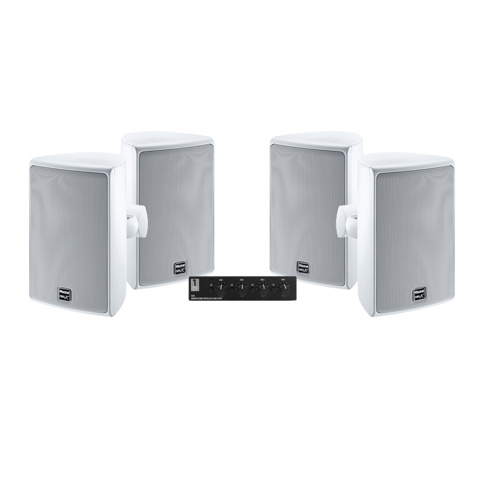 System One SC4B högtalarväxel & 2 par Magnat Symbol X160 Vita Utomhushögtalare